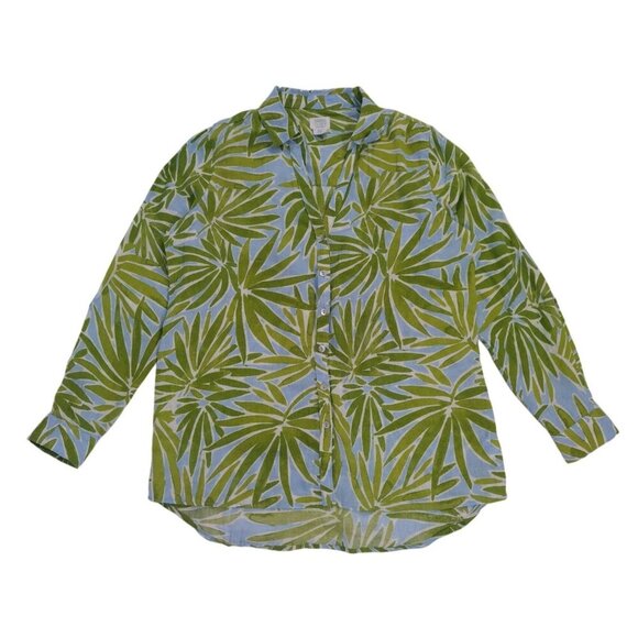Sigrid Olsen 100% Linen Button-Down Shirt With Green & Blue Leaf Print, Womens M - Picture 2 of 8